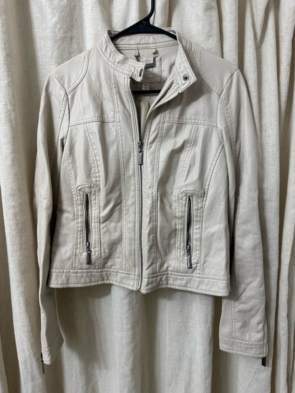 Women's Cream Leather Zip-Front Jacket